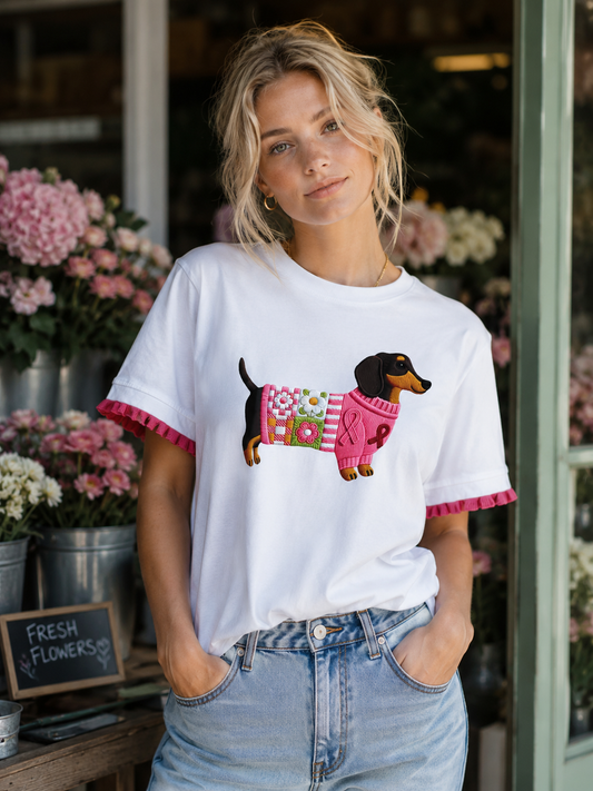 Weißes T-Shirt mit Rüschen – Dackel im Pullover: Blau