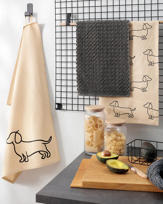 Geschirrtuch mit Dackel Motiv Schwarz/Beige
