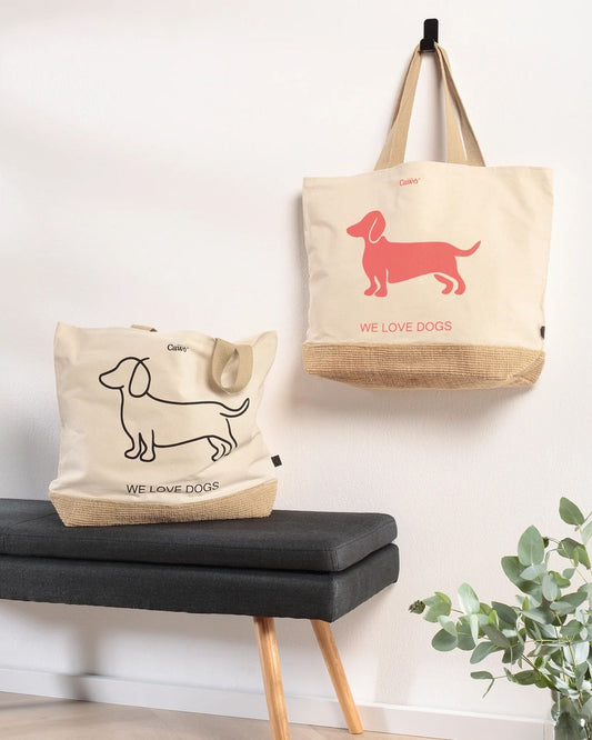 Tasche mit Dackel Motiv in Schwarz/Beige