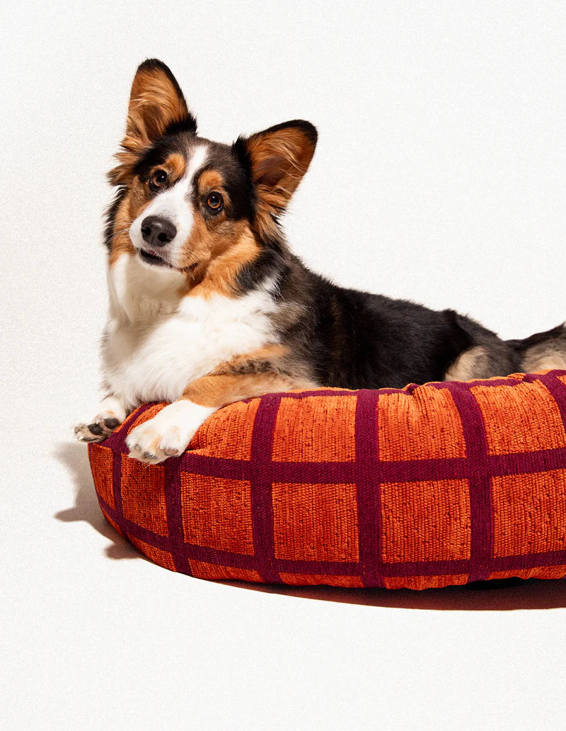 Check Rundes Orthopädisches Hundebett – Orange/Bordeaux, Waschbar