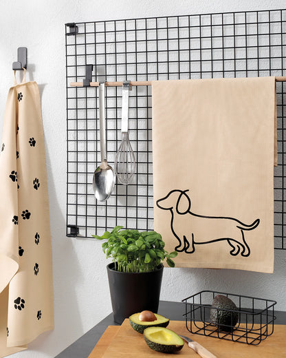Geschirrtuch mit Dackel Motiv Einzeln Schwarz/Beige