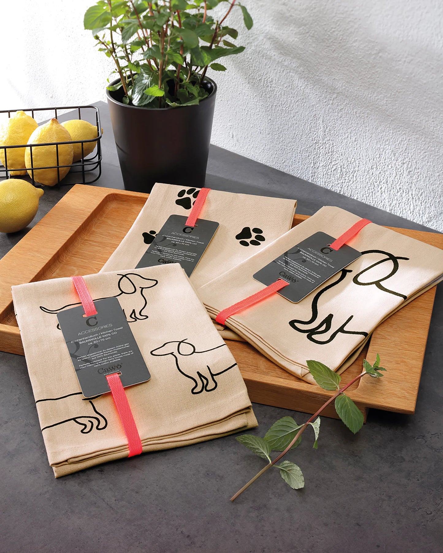 Geschirrtuch mit Dackel Motiv Einzeln Schwarz/Beige