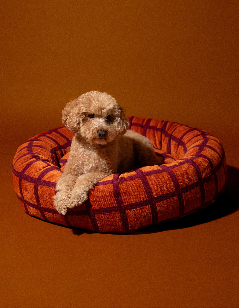 Check Rundes Orthopädisches Hundebett – Orange/Bordeaux, Waschbar