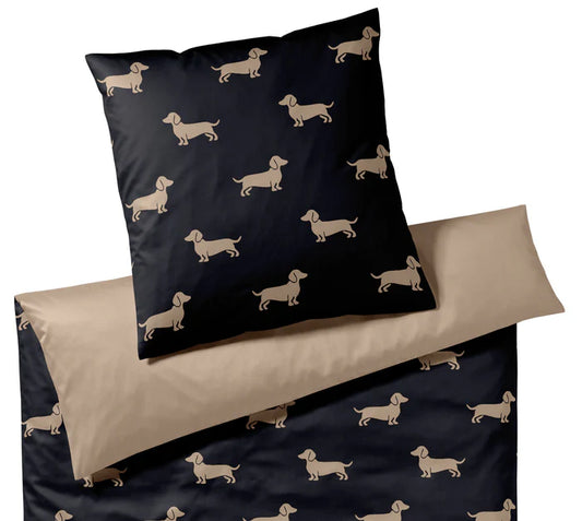 Bettwäsche mit Dackel Motiv in Schwarz/Beige